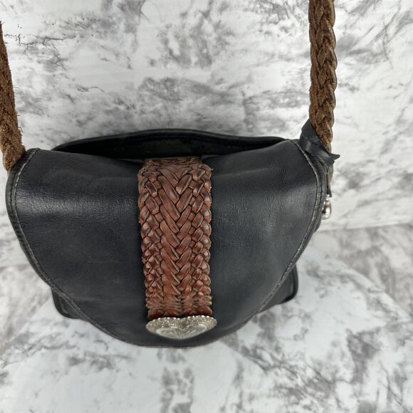 Vintage Brighton Black Leather Crossbody Bag Purse Brown Leather Braided Strap - Picture 6 of 10